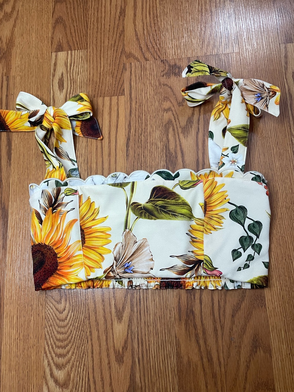 Agua Bendita Sunflower Print Tie Strap Crop Top | Smocked Back | Size M